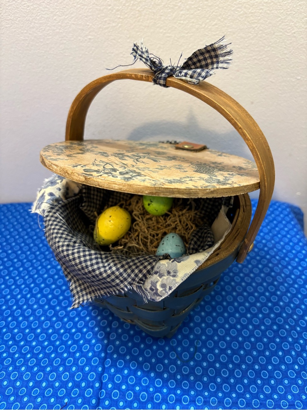 Floral Blue and Tan Woven Basket